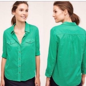 Anthropologie Maeve Green Polka Dot Buttondown Shirt